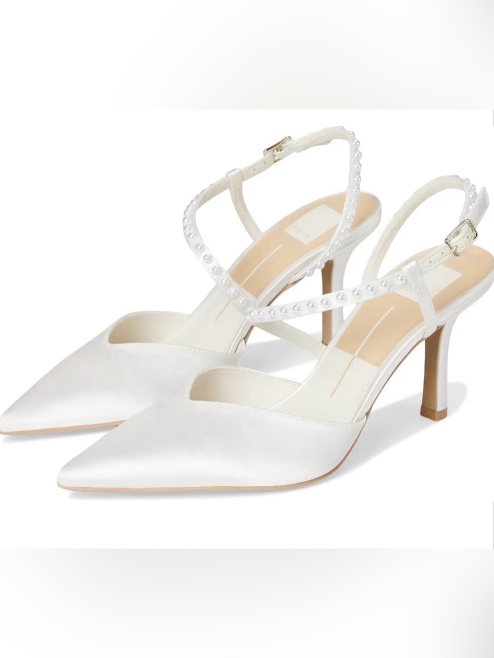 Dolce Vita Karma Pearl White Satin Pointed-Toe Pearl-Strap Heels